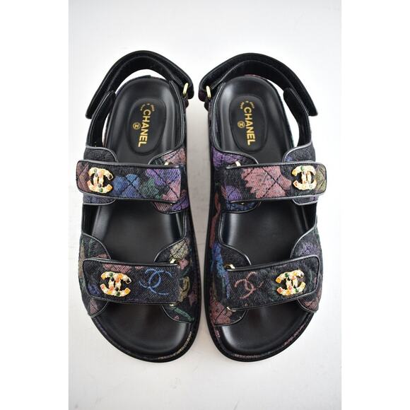 Chanel 21A Black Denim Graffiti CC Logo Mule Slide Strap Flat Dad Sandal 35.5 - Picture 8 of 11